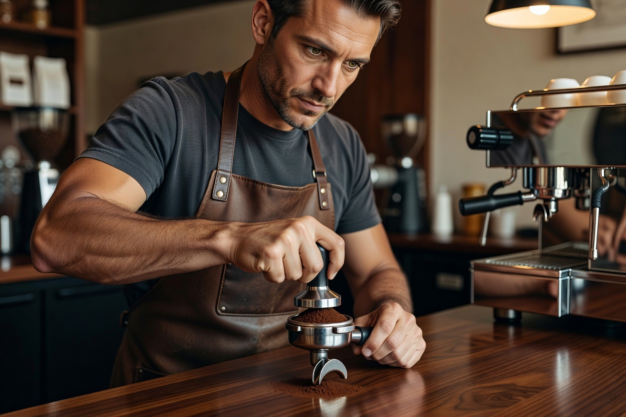 Barista precisely tamping coffee in a portafilter