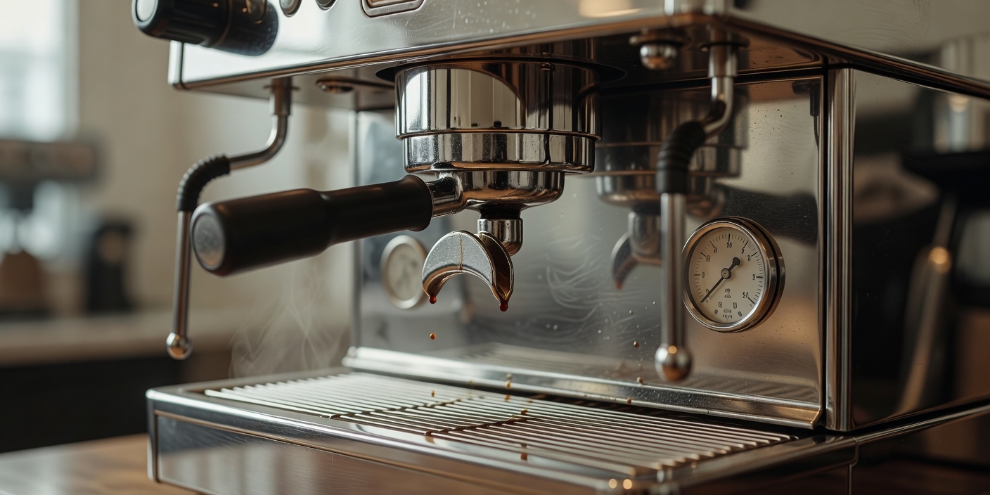 Close up of a commercial espresso machine group head and pressure gauge
