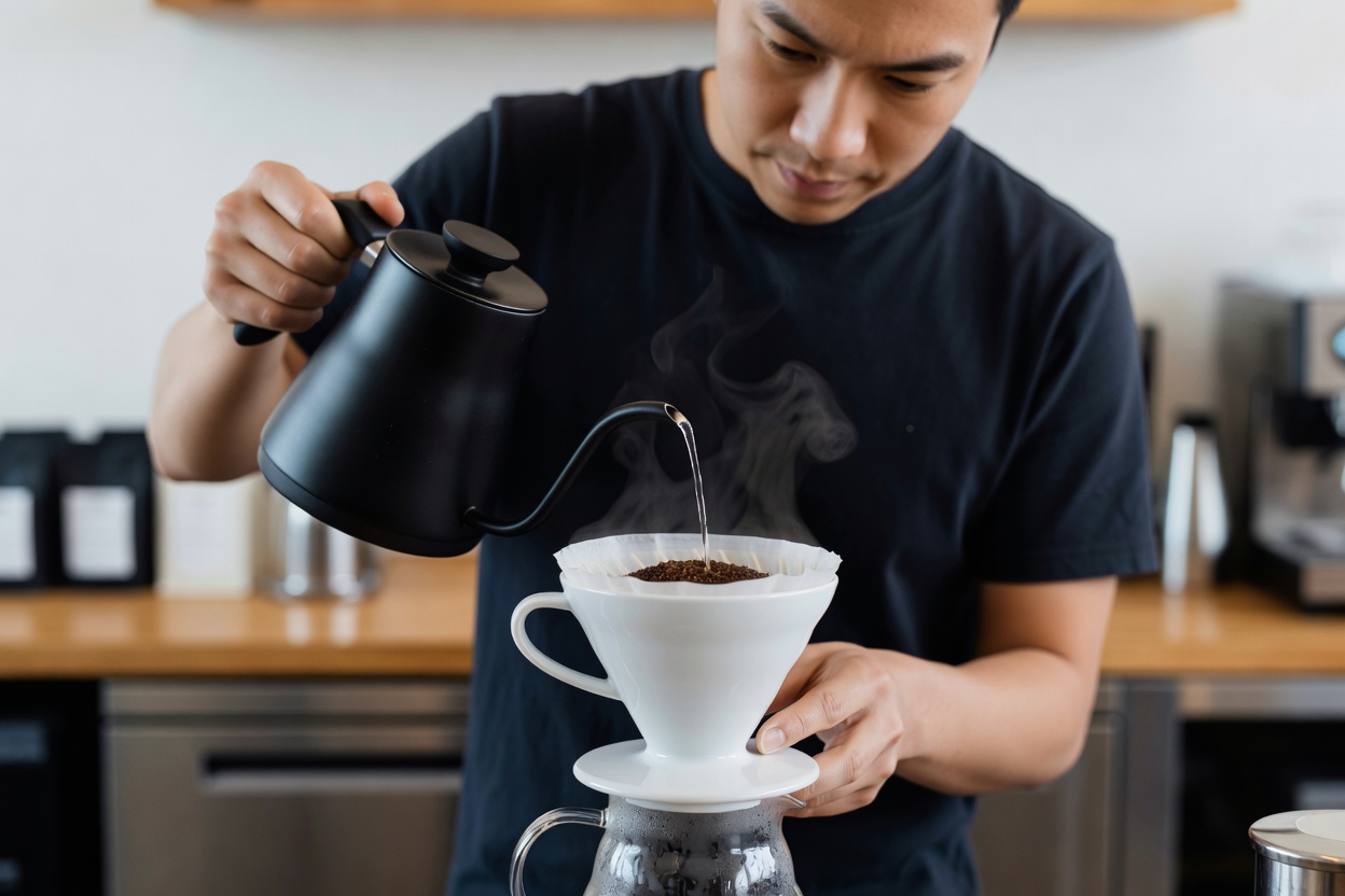 Barista delicately pouring water from a matte black gooseneck kettle into a V60