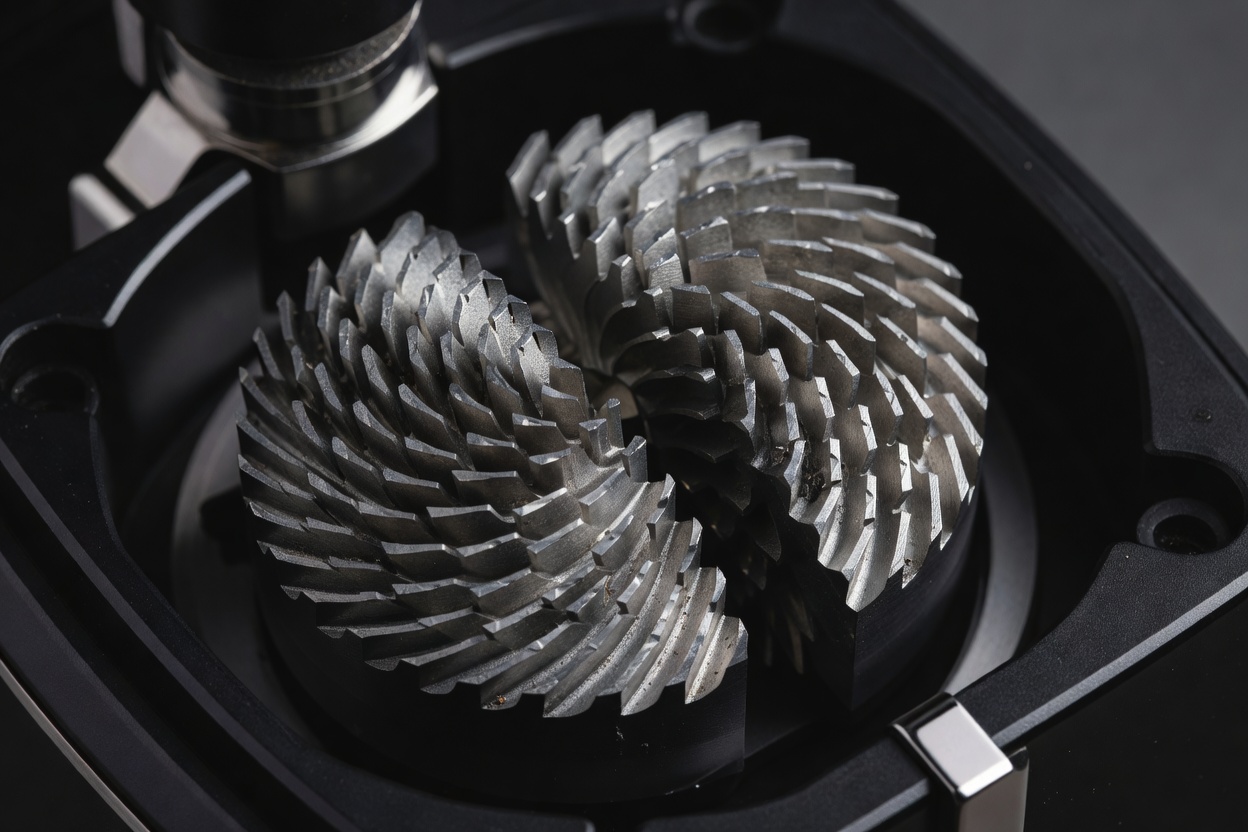 Macro shot of sharp steel flat burrs inside a high end coffee grinder