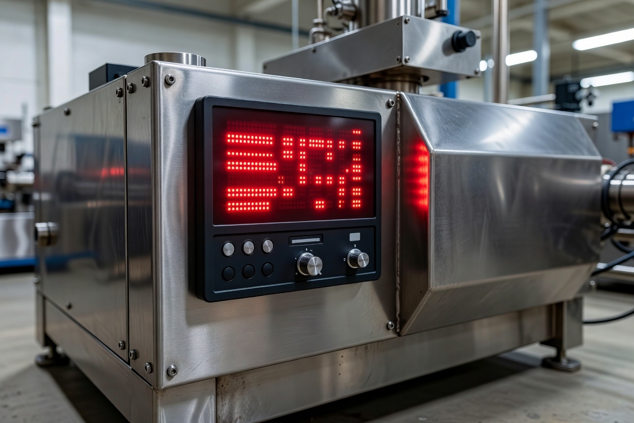 Glowing red LED display of a PID temperature controller on a stainless steel machine
